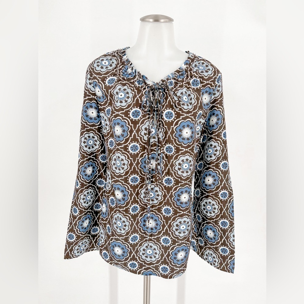 TORY BURCH BLOUSE BEADED DARK BROWN & BLUE PRINTED SILK LONG SLEEVE TOP